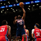 James Harden, #13 of the Brooklyn Nets, puts up a shot in the first quarter against the Philadelphia 76ers at Barclays Center on December 30, 2021, in New York City.
